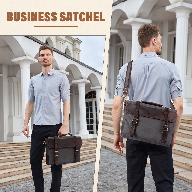 VASCHY Vintage Canvas Leather Messenger Bag School Shoulder Bag Business Briefcase Satchel Gray - Image 5